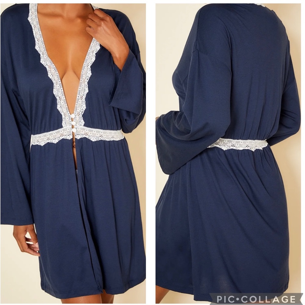 Cosabella Navy Flirty Knit Robe w/Lace Trim
